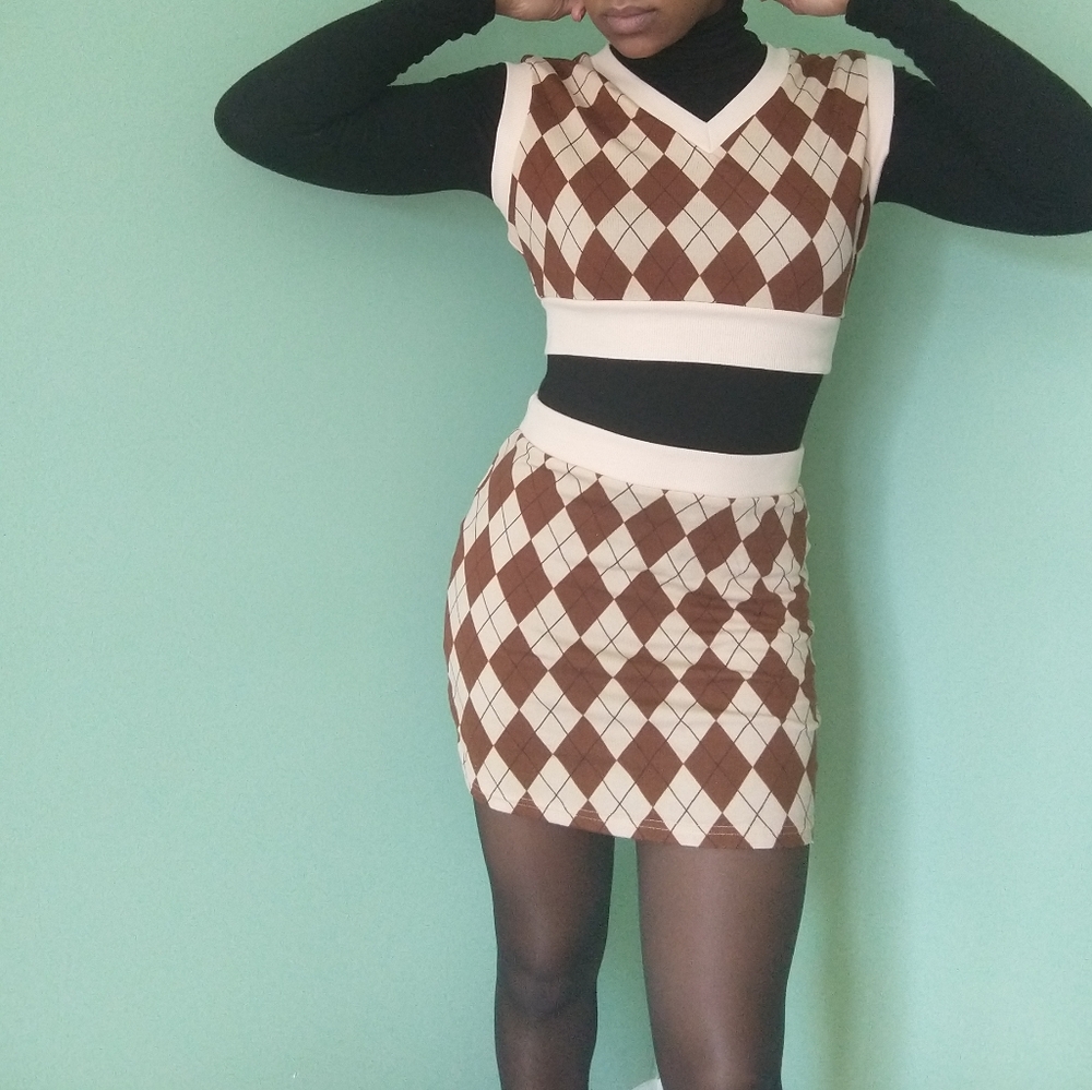 Shein Brown And Cream Argyle Pattern Sweater Two … - image 2